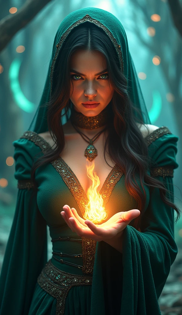The sorceress from the series the witcher, seductive with turquoise eyes,
A flame of fire is conjured in his hand and he has a slightly scowling expression 
