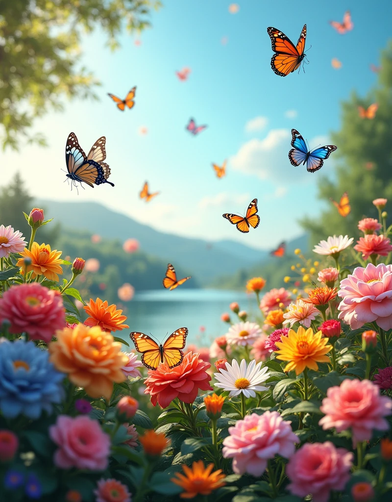 Create a photorealistic 4k wallpaper for android smartphone on nature photography of a beautiful flower garden with a beautiful background where butterflies are flying