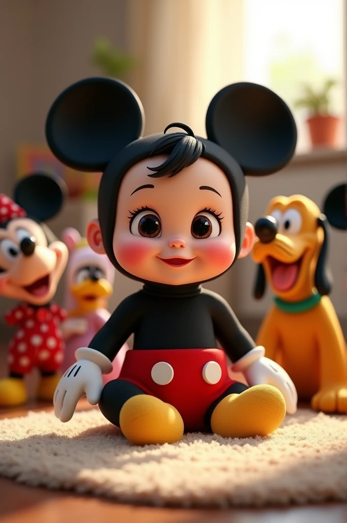 Create a 3D image of a Disney Pixar-style in a Mickey Mouse outfit sitting on the floor with several Mickey Mouse characters next to her.