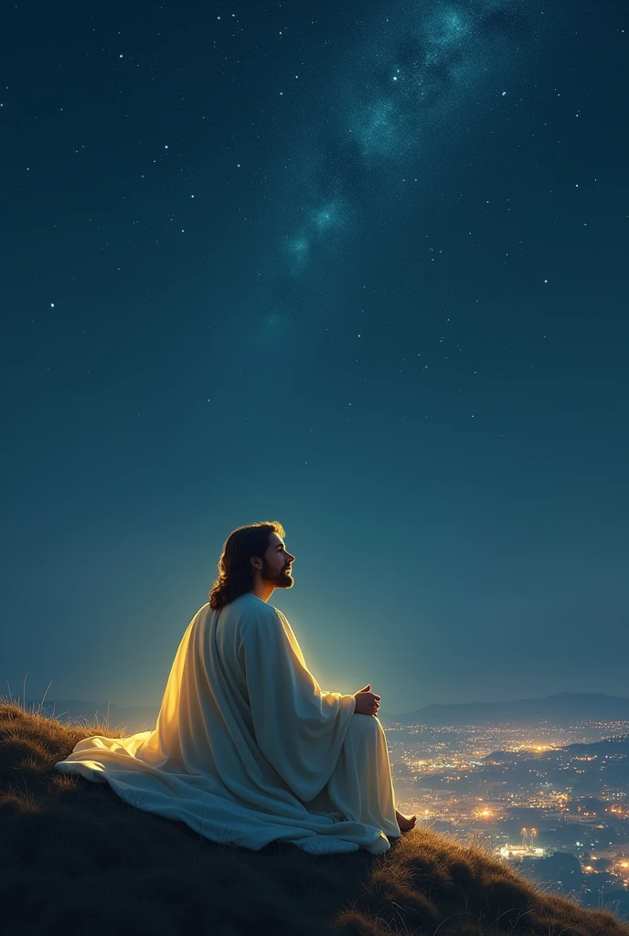 Jesus sitting, in white, looking at the stars on a hill with a lit up city below, with Jesus glowing in faint yellow