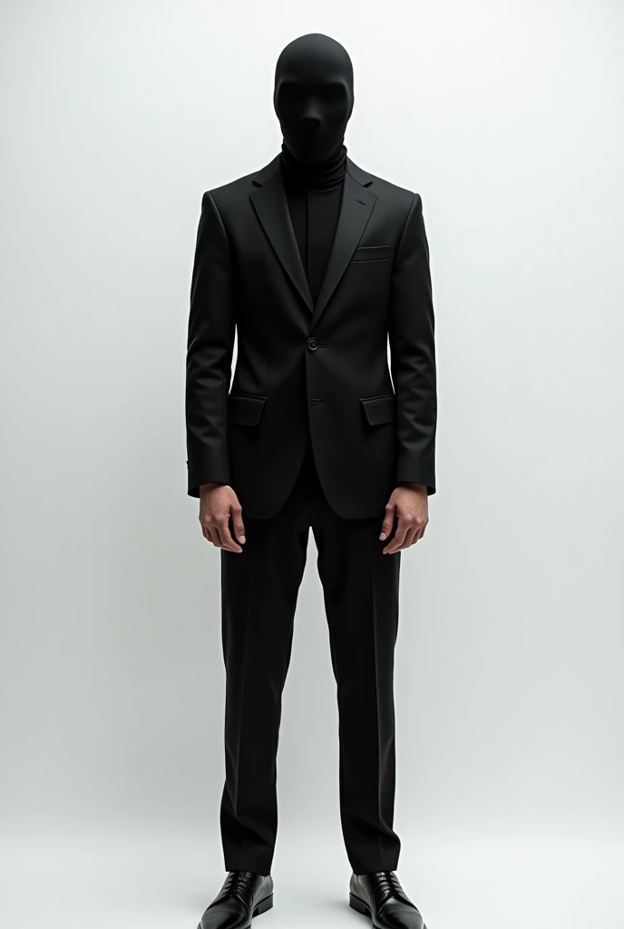 Make a Man in Black suit with a mask and with a plain white background and the men body posture should be straight.
