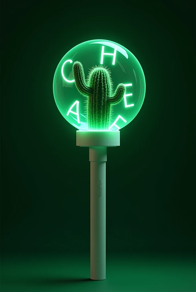 kpop lightstick. the stick is white. the size of stick is normal like other existed kpop lightstick. it has a globe with cactus (dark green) in it. in that globe also have letter c,h,a,p,t,e,r,z floating. the lightstick emits green colour from the cactus. glow in the dark. full picture. no hand