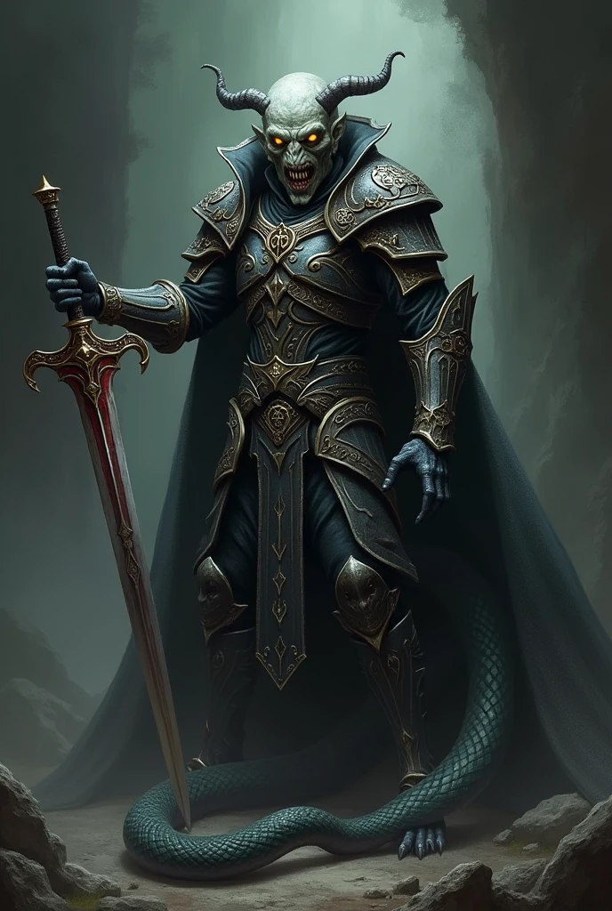 Vampires snake man wearing  armor holding sword paladin oathbreaker yellow eyes sharp teeth 
