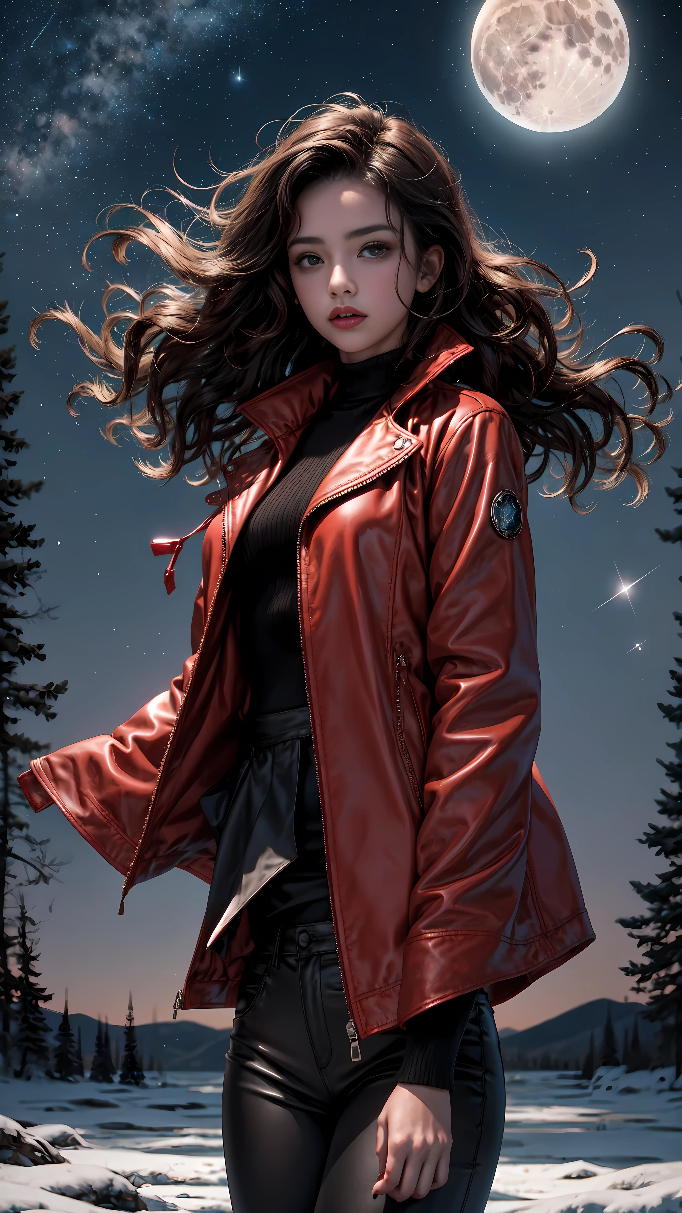 1 girl on a frozen lake, neve, night and starry sky, Trees, flowers, the girl wears a red leather jacket, black blouse and brown pants, focus on his face, your hair with the wind, dark curly hair, she looks at the moon and the stars, looks sad, is accompanied by a frightening shadow, she is accompanied by monsters, 1 girl with dark, curly hair
