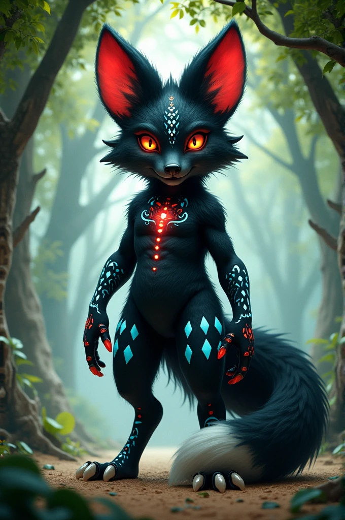 Black, furry, anthropomorphic, fox, ears striped with red, palms striped with cyan and pale blue, thighs with diamond-shaped white patterns, there are some special designs on the lower legs, white fluffy paws, showing, standing under a tree