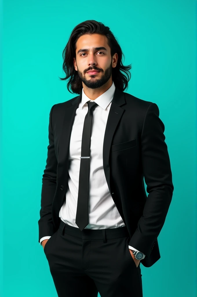 A young man with long dark hair,long the bread and a confident. He is dressed in a black blazer and tai over a white shirt. The man is positioned against aqua colour backdrop with