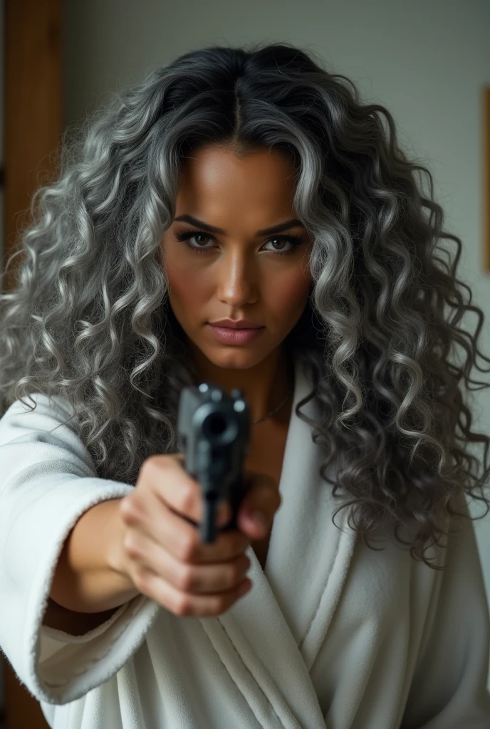 A beautiful youthful looking Filipino version of Ariana Grande as a 50 years old woman with long curly completely gray hair as the superhero Daisy Johnson from Agents of S.H.I.E.L.D wearing a bathrobe hold a gun in her hands pointing a gun at another woman who is her age and her gray hair protect a young man who is her boyfriend he is behind her