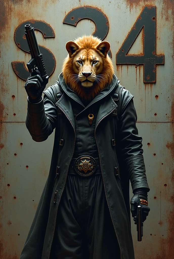 The letters "S34" on rusty iron and bullet holes behind a lion dressed as a cyberpunk style assassin with a gun and a war background.

