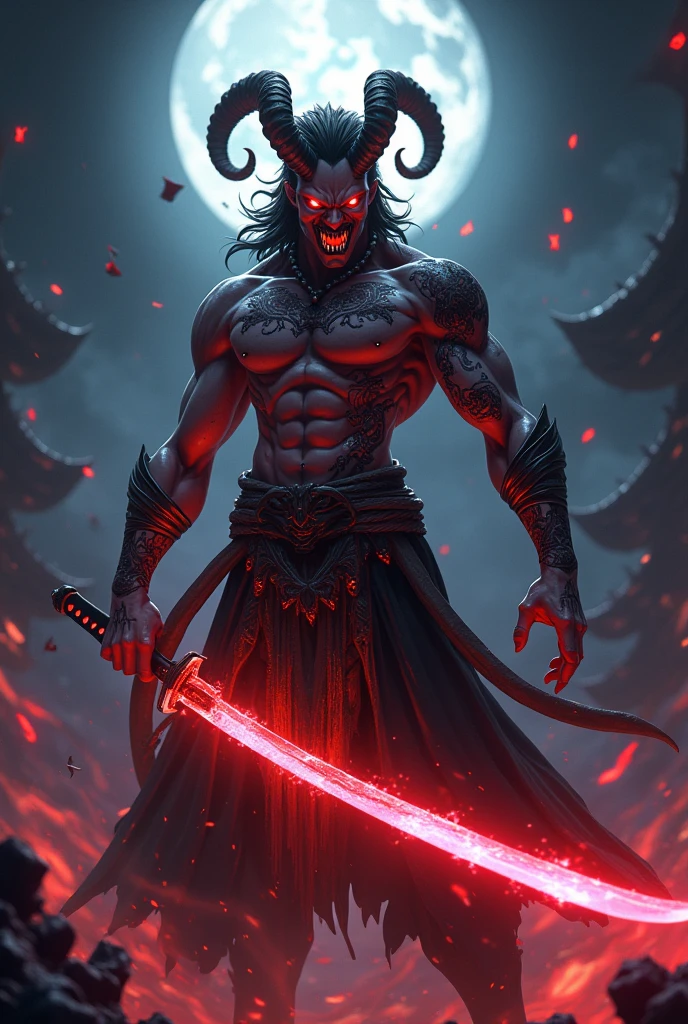 A detailed, demonic anime character with piercing red eyes, sharp fangs, and intricate tattoos covering their muscular body, wielding a glowing katana blade, amidst a dark, moody background with swirling shadows and ominous lighting, dramatic cinematic composition, vibrant colors, hyper-detailed 8K rendering, digital art, concept art style