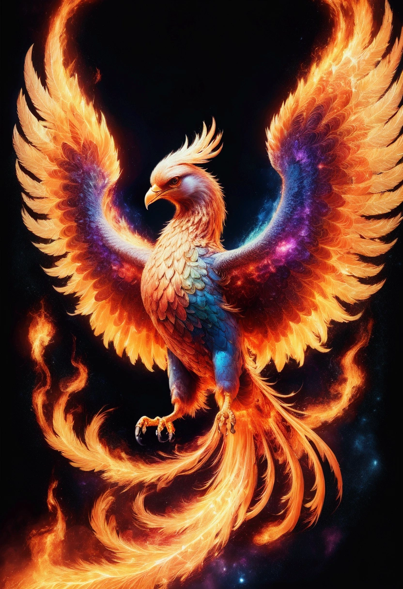 Phoenix, A Phoenix engulfed in cosmic energy floating in space with wings made of multicoloured fire, Epic cinematic brilliant stunning intricate meticulously detailed dramatic atmospheric maximalist digital matte painting, masterpiece, best quality, very aesthetic, absurdres