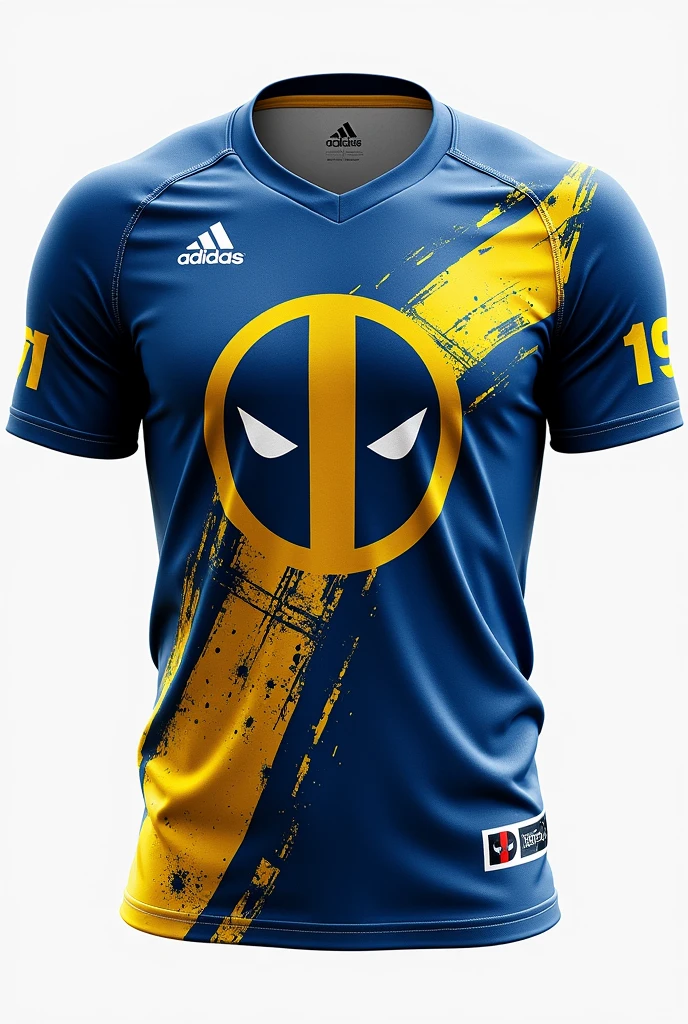 Create a jersey in standard looking and design in good shape something look like Deadpool design blue and yellow colour instead of red and black