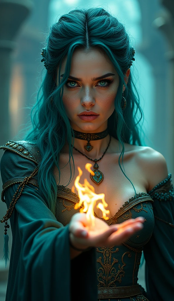 The sorceress from the series the witcher, seductive with turquoise eyes,
A flame of fire is conjured in his hand and he has a slightly scowling expression