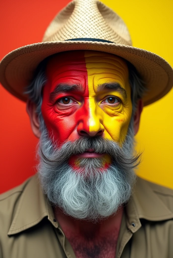 A man with a beard but with his face divided into yellow and red and a straw hat