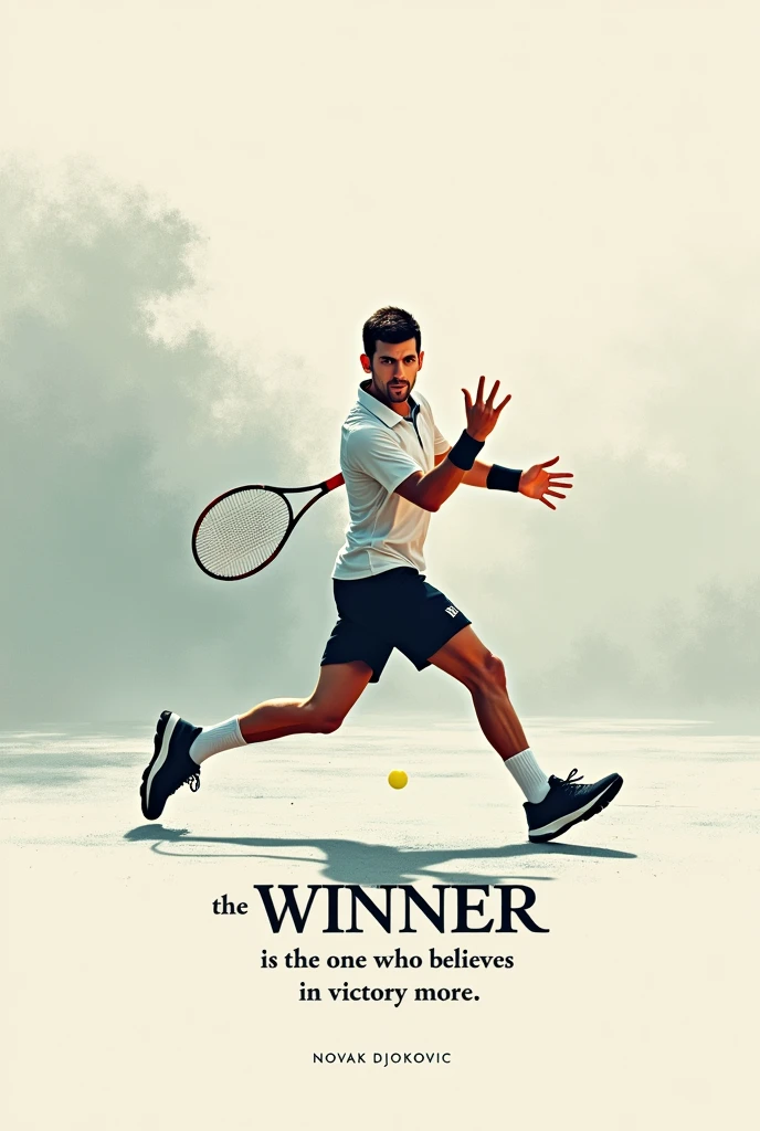 Artistic and slightly minimalist poster with soft colors with the phrase: “The winner is the one who believes in victory more” with Novak Djokovic playing a match on a tennis court.