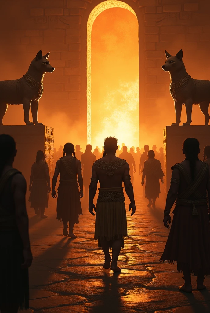 Incas entering the temple of Wiracocha, There are torches in the temple, In the temple there are statues of a bicuña and a fox