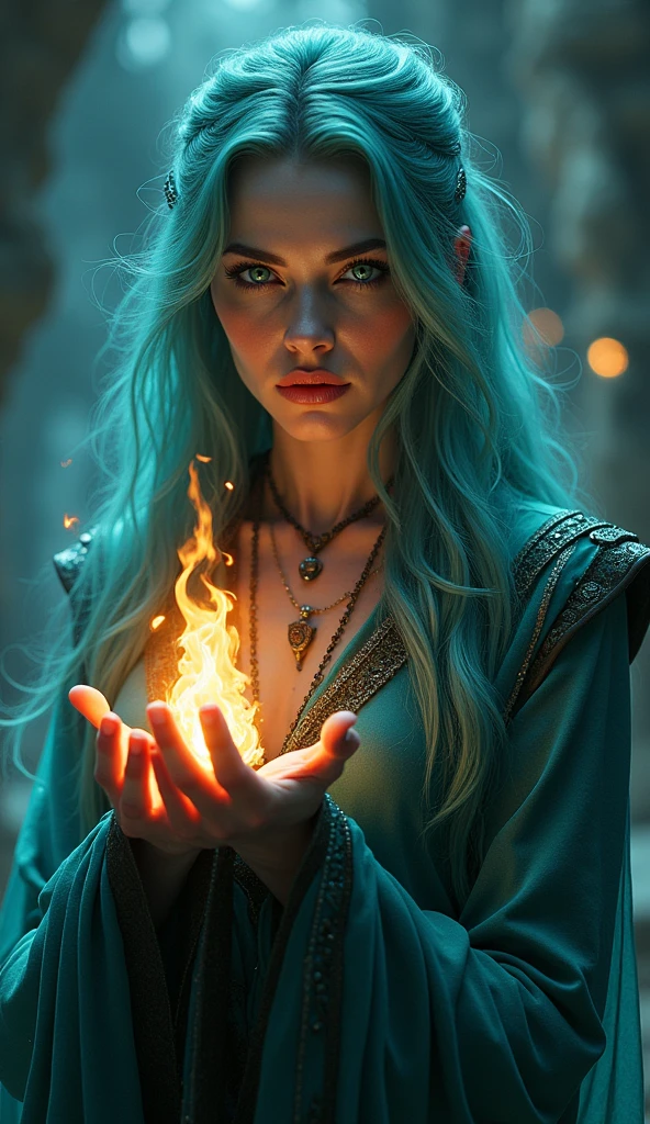 The sorceress from the series the witcher, seductive with turquoise eyes,
A flame of fire is conjured in his hand and he has a slightly scowling expression