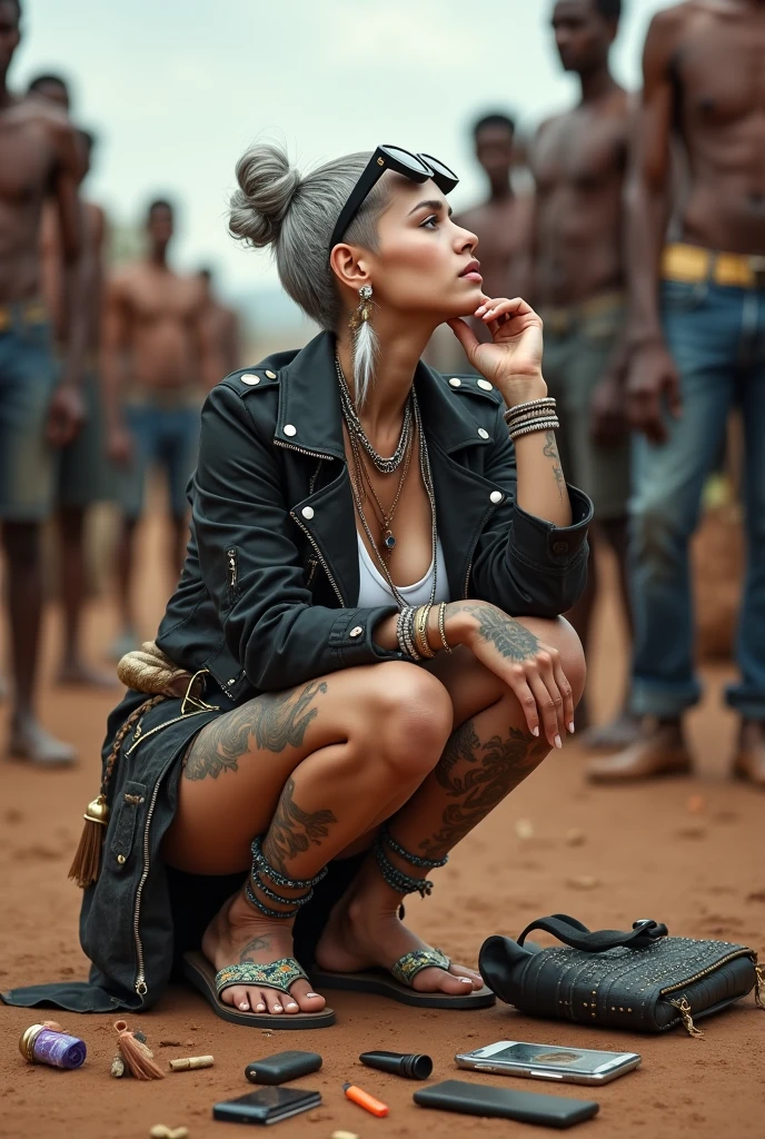 russian milf woman, grey hair (pouf, and top bun and shaved sides) and oversized square maxi sunglasses as headband, with very light blue eyes, extremely pale. Wearing tight aged black cropped moto jacket with lots of zippers and pins; white bikini, flip flops . Chain around hips like belts. Dirty knees and dusty hands. Lots of metallic bracelets, lots of boho pendants and lots of colourful beads collars. Long boho earrings with colourful feathers. Chains around the hips. Squatting,  looking up, chin up, stretching her neck , humble facial expression. Hands on her knees, showing off bracelets and rings. studded black leather tote bag with chain  on the floor, next to her..  Listening looking up  in amazement to somebody speaking to her from above, well toned abdominals, thin neck, slim legs and thin arms.  Narrow hips  Cleavage, stomach, neck, tigh and hands completely covered with tattoos.  Dirt street in Kenyan village full of waste. A lot of tanned shirtless fat men in jeans around looking at her. next to her, all her belongings scattered on the floor: tobacco packs, makeup kit, little makeup mirror, studded black leather tote bag, lipstick, wallet, moble etc on the floor
