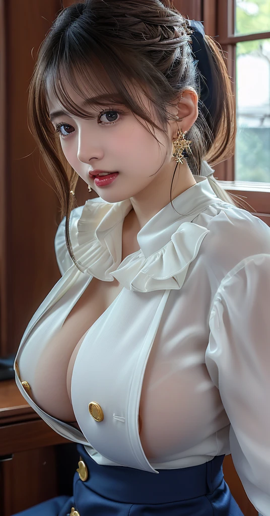 (8k,RAW Photos,Like the picture:1.45),masterpiece,Highest quality,wonderful,(セクシーなMature Woman:1),(Mature Woman:1.3), (2 woman.1.3)、(((very, very大きい胸)))、(((Extremely lewd and very huge boobs:1.65)))、(((Very deep cleavage)))、Hyper Real、In her spacious office、A beautiful and dignified smile、Beautiful white skin、Beautiful, delicate and precise skin texture、With long, fluffy, beautiful brown hair(ponytail:1.45)、Beautiful Japanese Women、(Big Ass)、Thick thighs、Bright red lips、Gold small star shaped earrings、{Dark royal blue suit((White blouse))},