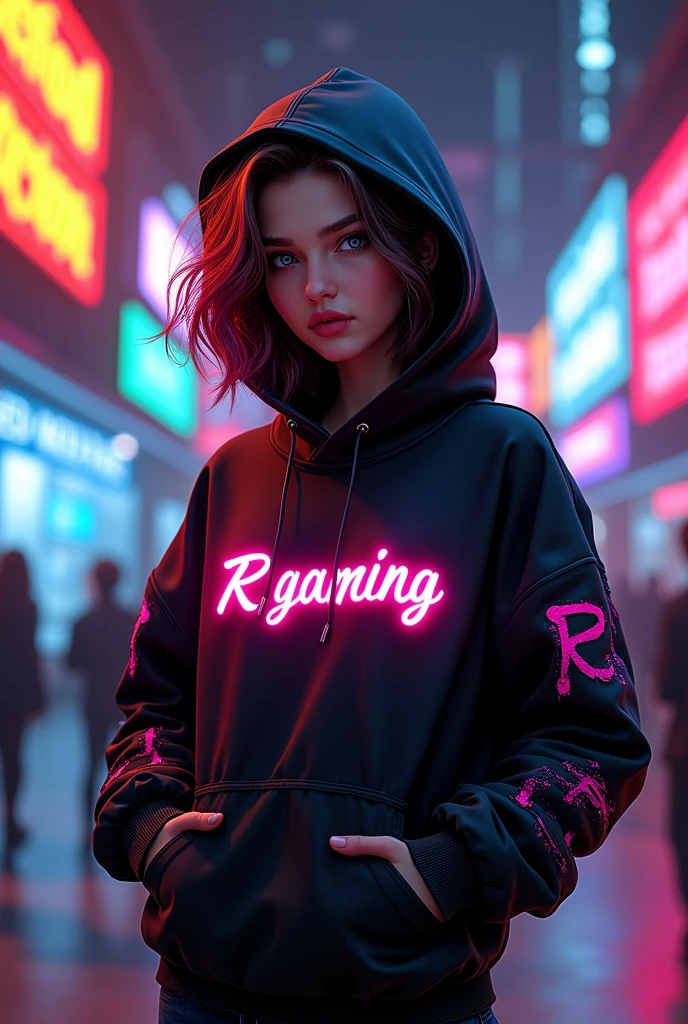 (photorealism:1.2), beautiful woman, jaket hoodi black pink texs "R Gaming" riped hil-hop white yellow.background black blue yellow red neon listing