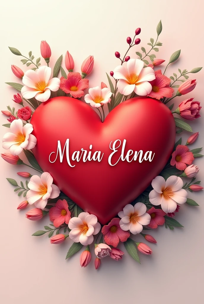 Create a red heart decorated with flowers around it with name "Maria Elena" In the middle.