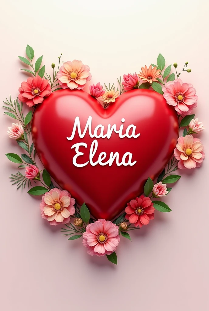 Create a red heart decorated with flowers around it with name "Maria Elena" In the middle.