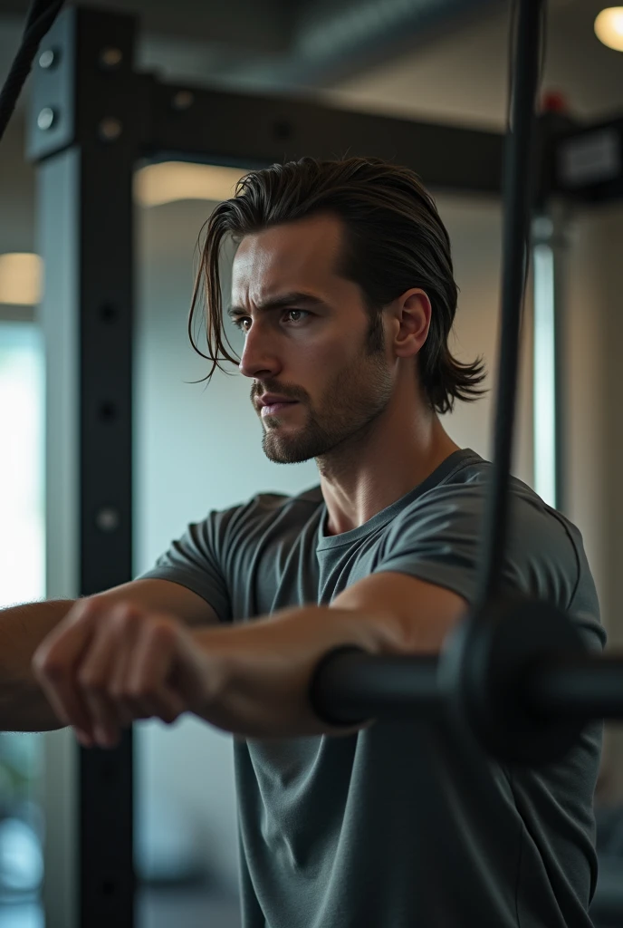 (photorealism:1.2), man in grey shirt, short hair on the side, Long hair, seeds, with a split in the middle and back to one side, to the side and behind the other side, doing chest pulley exercise, with downward inclination, in gym, looking forward.