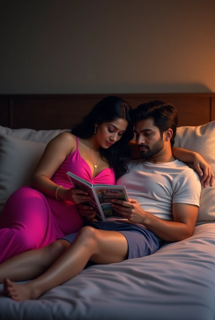 indian 40 year old cubby woman wears tight pink colour gown, lying on bed, reading a magazine, and 18 year indian boy wears tshirt and short, lying alongside the woman on bed,  hugged the woman and  seeing the magazine.