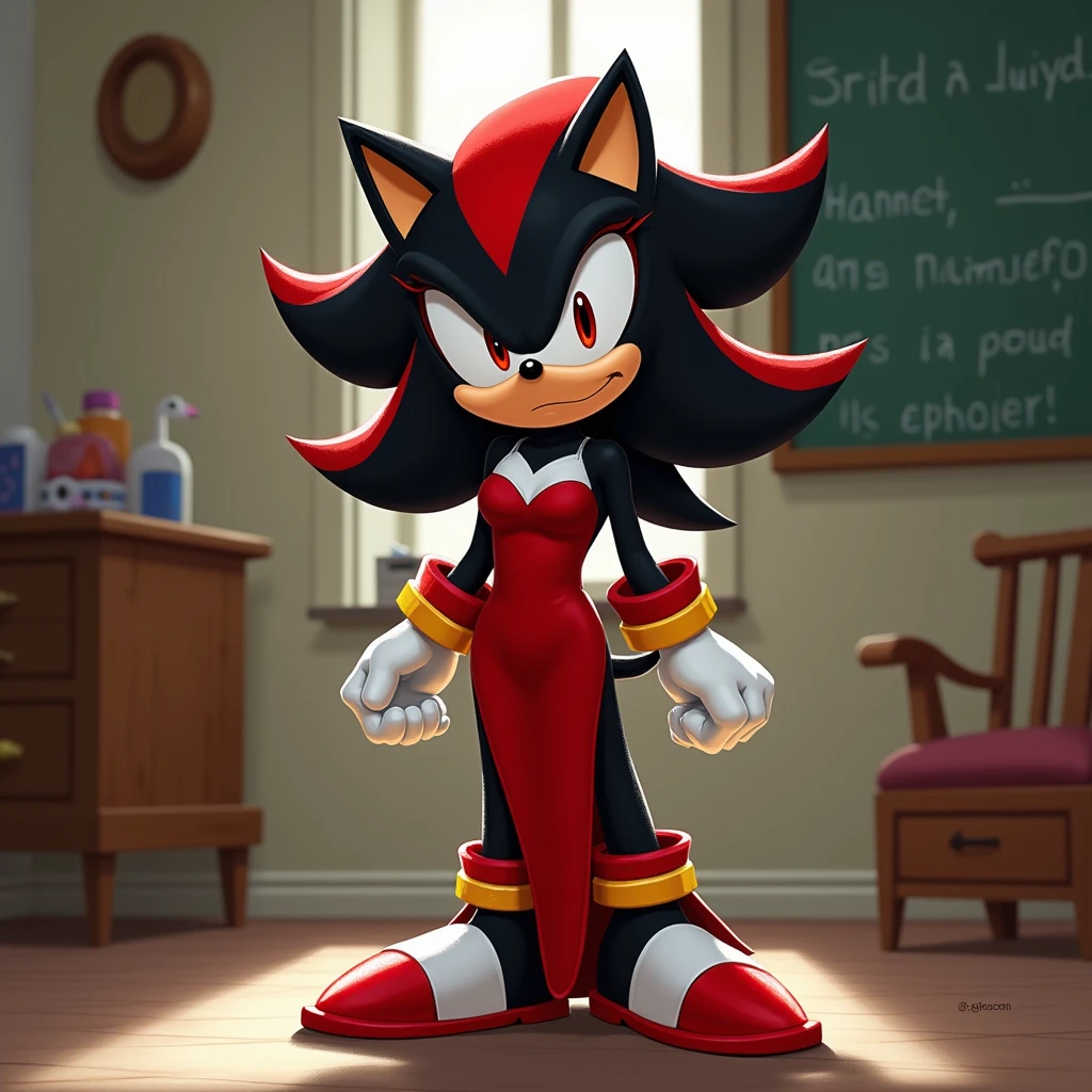 Sonic the Hedgehog Style Image, Shadow the Hedgehog feminina, All black body, chalkboard, wearing a Red Sheath Dress with Sweetheart Neckline , With Boredom Humor, inside a house