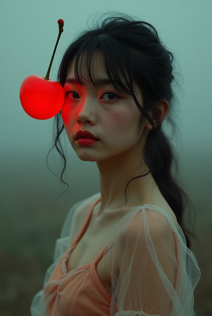 A girl with a big cherry and a transparent shirt 