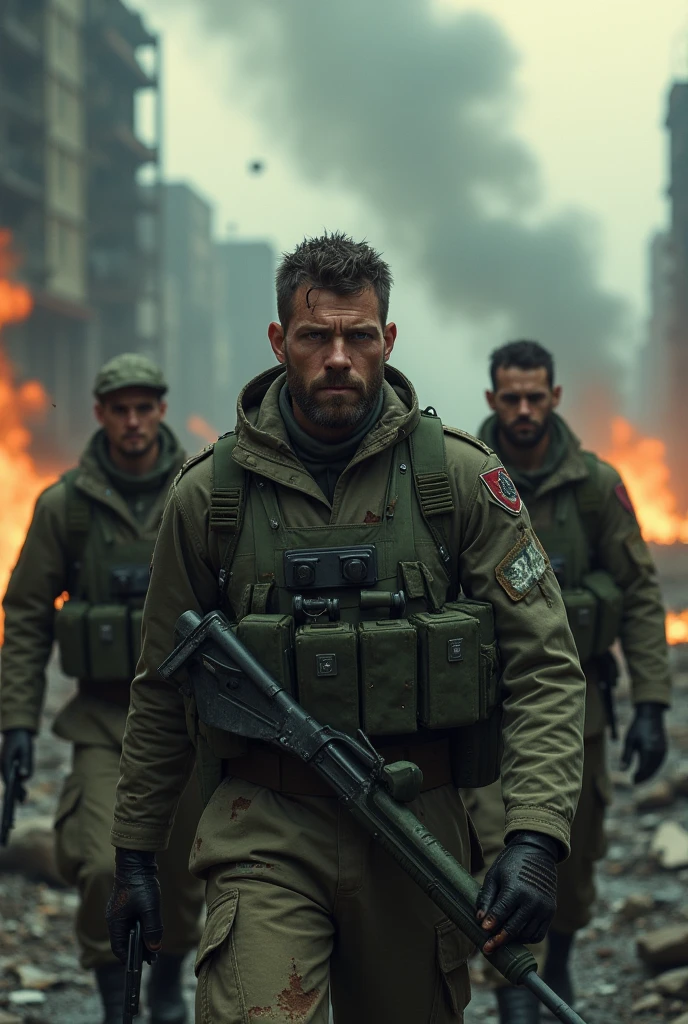 a group of 4 soldiers exiting a burning city, detailed military uniforms, smoke, flames, face zoom, focus face, rubble, apocalyptic, dystopian, dramatic lighting, gritty, cinematic, muted color palette, (best quality,4k,8k,highres,masterpiece:1.2),ultra-detailed,(realistic,photorealistic,photo-realistic:1.37)