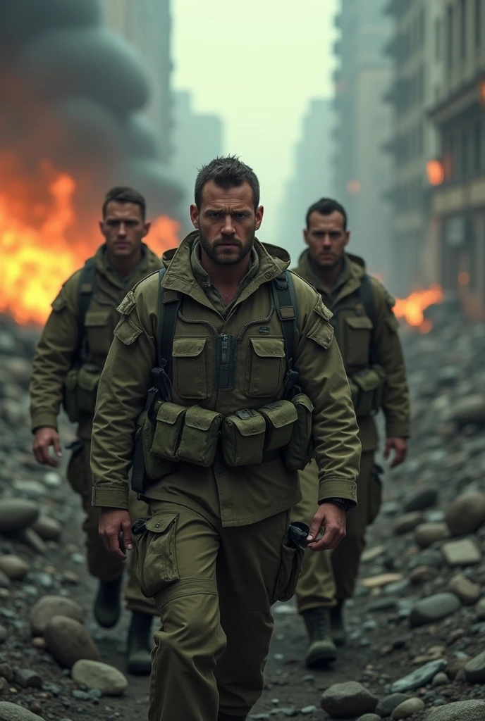 a group of 4 soldiers exiting a burning city, detailed military uniforms, smoke, flames, face zoom, focus face, rubble, apocalyptic, dystopian, dramatic lighting, gritty, cinematic, muted color palette, (best quality,4k,8k,highres,masterpiece:1.2),ultra-detailed,(realistic,photorealistic,photo-realistic:1.37)