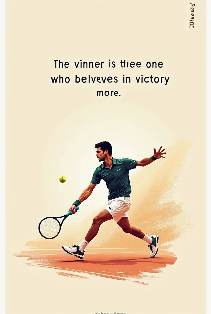 Artistic and slightly minimalist poster with soft colors with the phrase: “The winner is the one who believes in victory more” with Novak Djokovic playing a match on a tennis court.