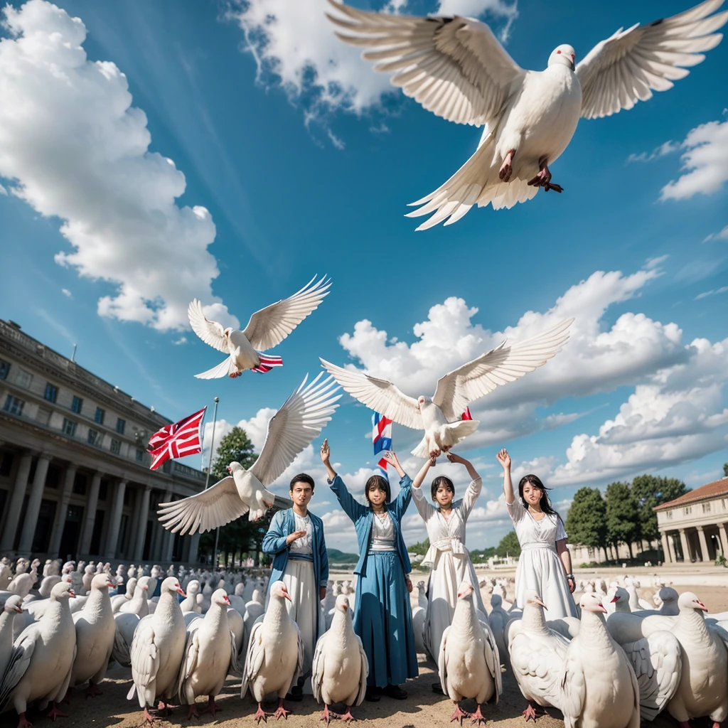 A group of people from different cultures holding white doves in their hands, with a background of waving flags of many countries and a clear and peaceful sky.