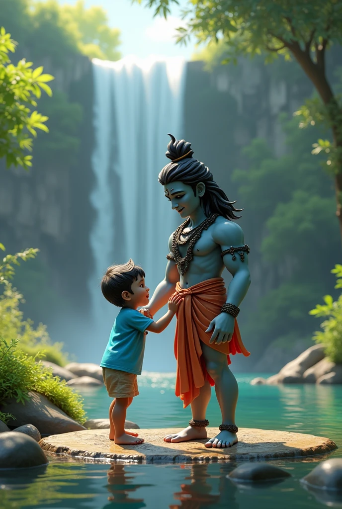 Generate me a 3D image of Lord shiva playing with a small boy, the boy with sky blue color Tshirt, the tshirt printed by the name "Jeevanantham", background is full of natural place with falls