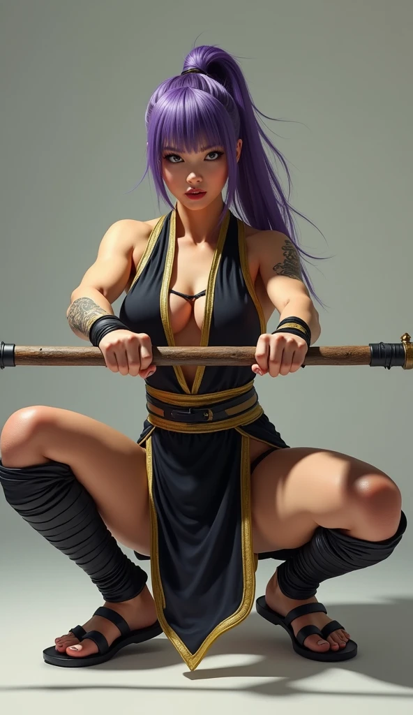 Super realistic, High Detail Face, Clean and delicate face, wide shot, 1 lady, whole body, Asymmetric, squatting, Holding Long stick with both hands Anatomically correctly, Purple ponytail, parted bangs, Tattoo on arm, wearing a Black and gold mini Kung Fu costume, sleeveless, Thighs, Leather bandages wrapped around the shins, Black Sandals, glaring at the viewer, simple color background