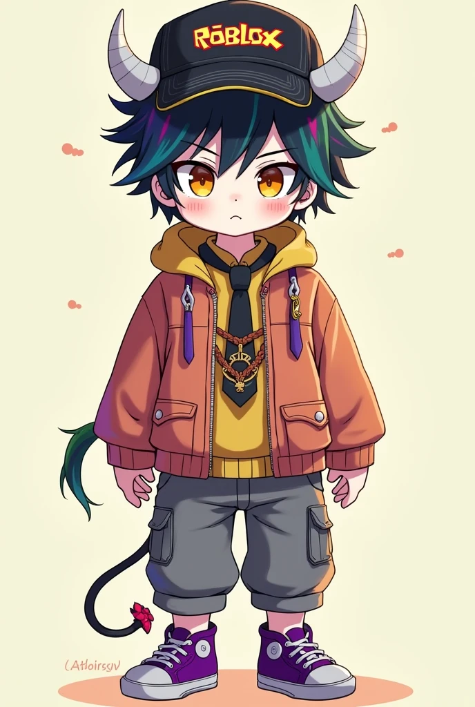 Anime style boy with a tall rectangle style face with black, messy, older hair with colored locks of green, yellow, pink, blue, orange wearing a sweater with a black tie, light pink cheeks, almost orange yellow eyes, gray pants with purple strings, and purple tennis-style shoes with a pale white skin color with white horns on the inside, gold, with a Roblox cap, a black cap that has a silver chili pepper chain and a leather rope.