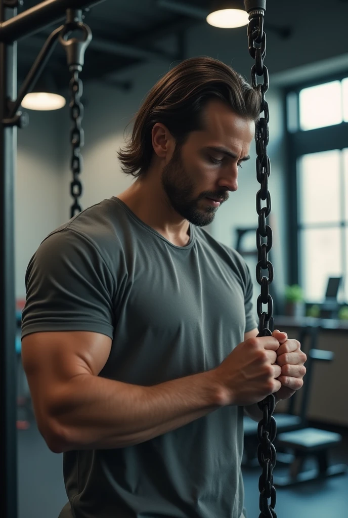 (photorealism:1.2), man in grey shirt, short hair on the side, Long hair, seeds, with a split in the middle and back to one side, to the side and behind the other side, doing chest pulley exercise, with downward inclination, in gym, looking forward.