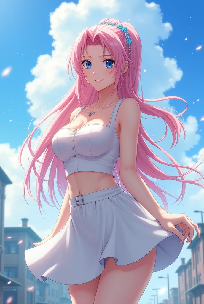 official art, masterpiece, sharp focus, (hermosa hermosa linda Aerith Gainsborough:1.3), (hermosa linda Aerith Gainsborough:1.3), belleza Aerith Gainsborough, hair, delicate and beautiful eyes and face., realist, ultra detailed, beautiful girl, blue sky, bright white particle, (side lighting:1.2), sunlight, White cloud, detailed clouds, slender, Beautiful very large breasts and very large hips., smile with your teeth, ((smile with your eyes, open both eyes)), scenery, long straight hair, sexy facial expression, building, (urban landscape:1.7), hair dinámico, long straight hair, detailed platinum pink hair, bright blue eyes, (bare breasts, naked + White skirt), Long white socks, Pale skin, hair ornament, epic scenery,