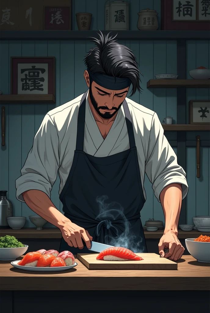 Anime of a dark-haired sushi chef with a beard and short hair wearing a black bandana working with a knife, tired of life and work, discovers magic