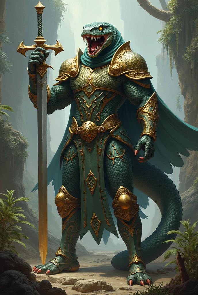 snake man wearing  armor holding sword paladin  yellow eyes sharp teeth 
