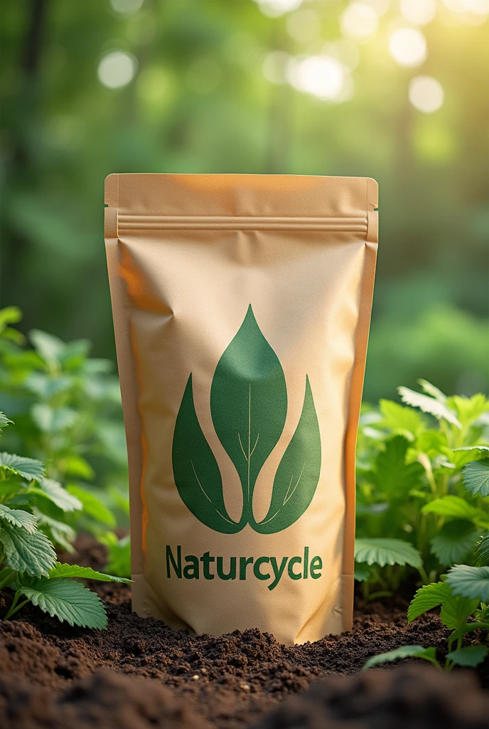 Large product to sell natural compost with a plant logo, Slogan and name Naturcycle
