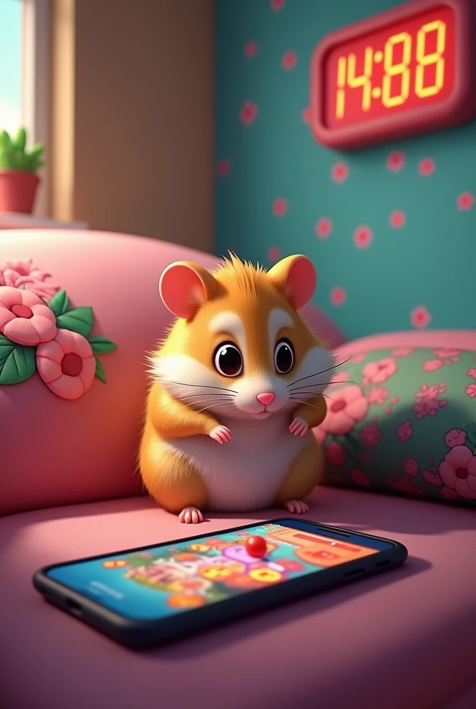 Hamster from the game hamster combat, sits on a couch with a print of the streamer mellstroy, and on the wall there is wallpaper with a print of “Sorrel”(Photo of this plant) VS Peach(photo of this fruit)"And on the wall there is an electronic clock that shows 14:88, and the hamster himself quickly presses the phone in which the game Hamster Combat is running