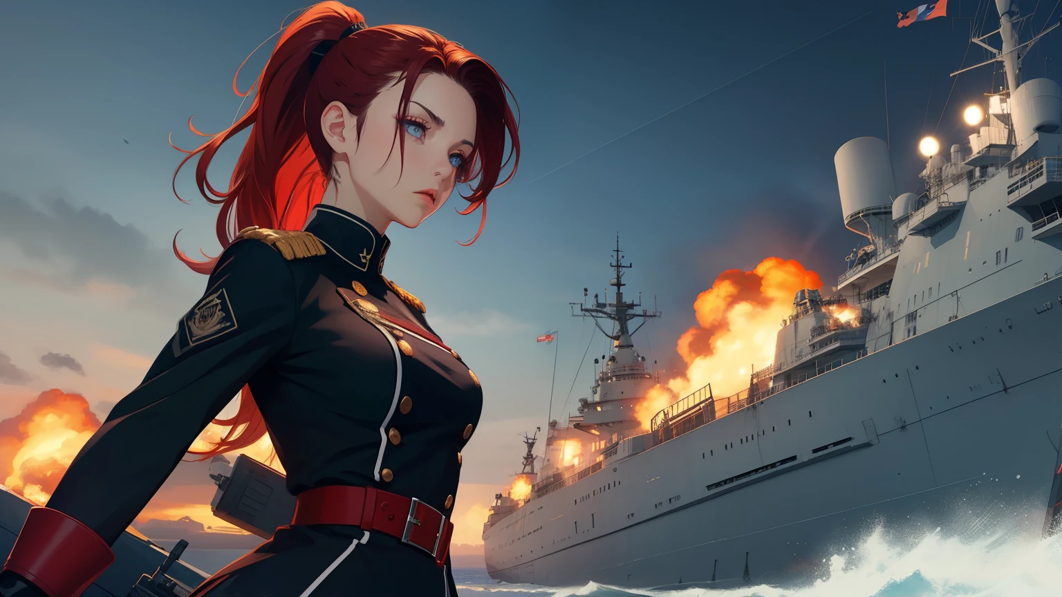Hot young woman, long red hair, ponytail, admiral's uniform, many nautical tattoos, black make-up, high boots, high quality, best quality, high details, blue eyes, perfect body, warship in backround, navy, cannons fire, masterpiece, multilayer, angry eyes, saber in her right hand