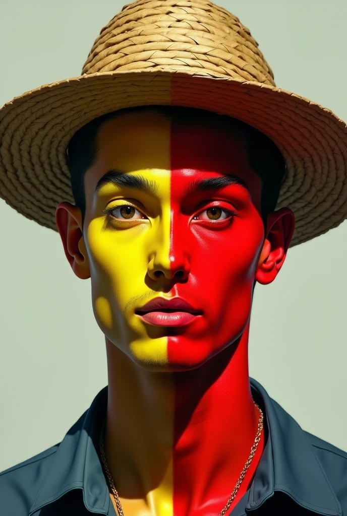 A man with a face divided into yellow and red and a straw hat