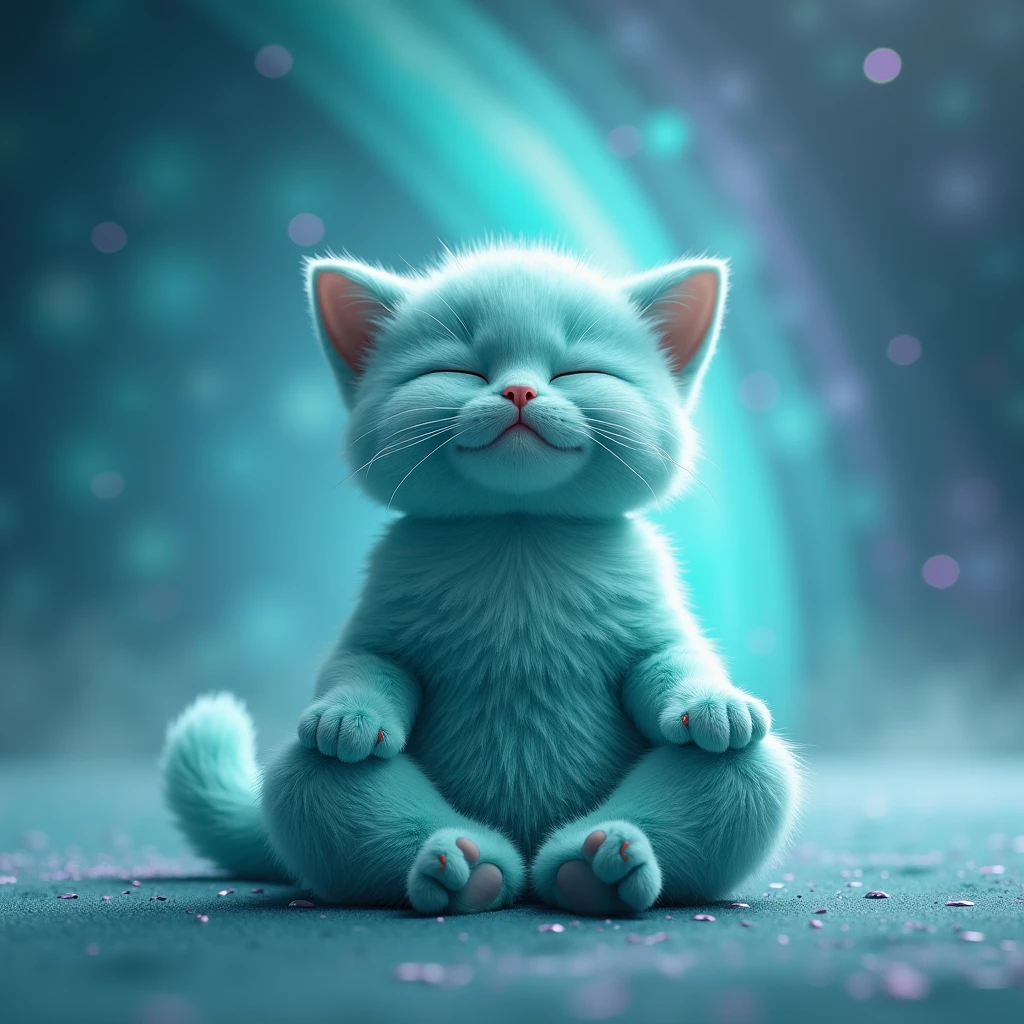 Create a super realistic cat, turquoise, fluffly, with eyes closed, he is meditating, is calm and happy, he is sitting in the lotus position, patinhas perfeitas o fundo é de galaxia turquoise com roxo