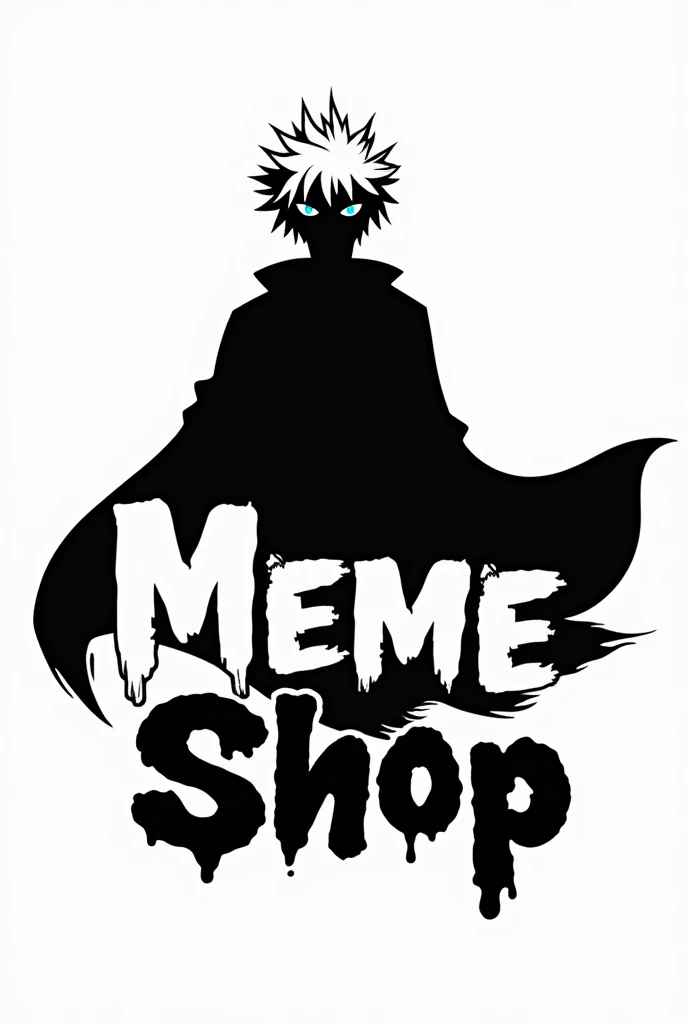 a black and white logo with gojo behind it and the name meme shop