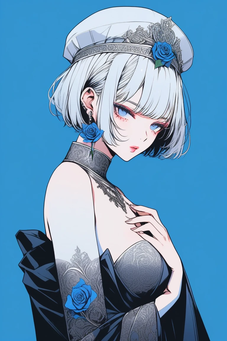 Illustrator, anime , Realistic ,sketch , 1 person, model, Age 25, lip, Sexy and revealing black and silver sheer priest dress, order, Blue gradient background, Neon Short Hair, Big Breasts, Her cleavage is visible, look back, Upper body holding a black rose in hand, Sexy look, Texture Trim, Russia, (masterpiece,Highest quality)