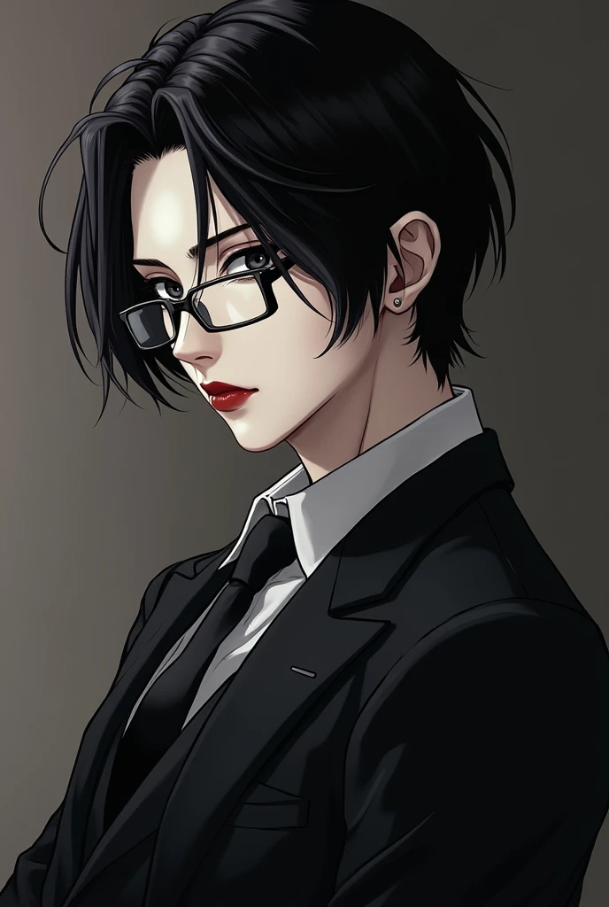 (anime) Half body photo of a man with black hair, pale skin, red lips, black eyes, wearing a suit and glasses with semi-slanted eyes and a cold look from the front