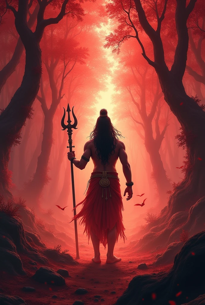 Generate a wallpaper image which has red forest and lord shiva celebreating victory in the centre holding threshula 🔱 at some distance looking towards front 