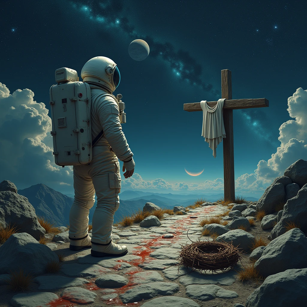 in outer space, stars , galaxies , planets , a rocky path with small drops of blood, a tunic thrown on the ground, A crown of thorns lying on the road and at the end of the road a cross , an astronaut 